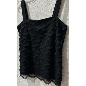 Ann Taylor LOFT Top Medium Black Lace Lined Cami Fringe Classic Romantic Gothic